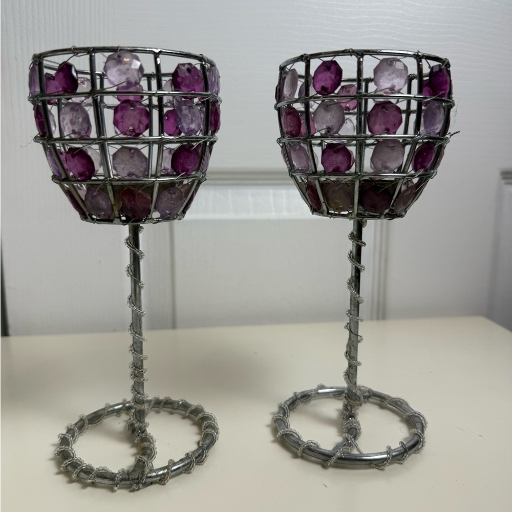 Set of 2 Purple Crystal Beaded Candle Holders Glam Decor - Picture 2 of 16